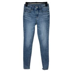 American Eagle SZ 4 LONG Hi-Rise Jegging Jeans Soft Knit Chewed Hems Whiskered